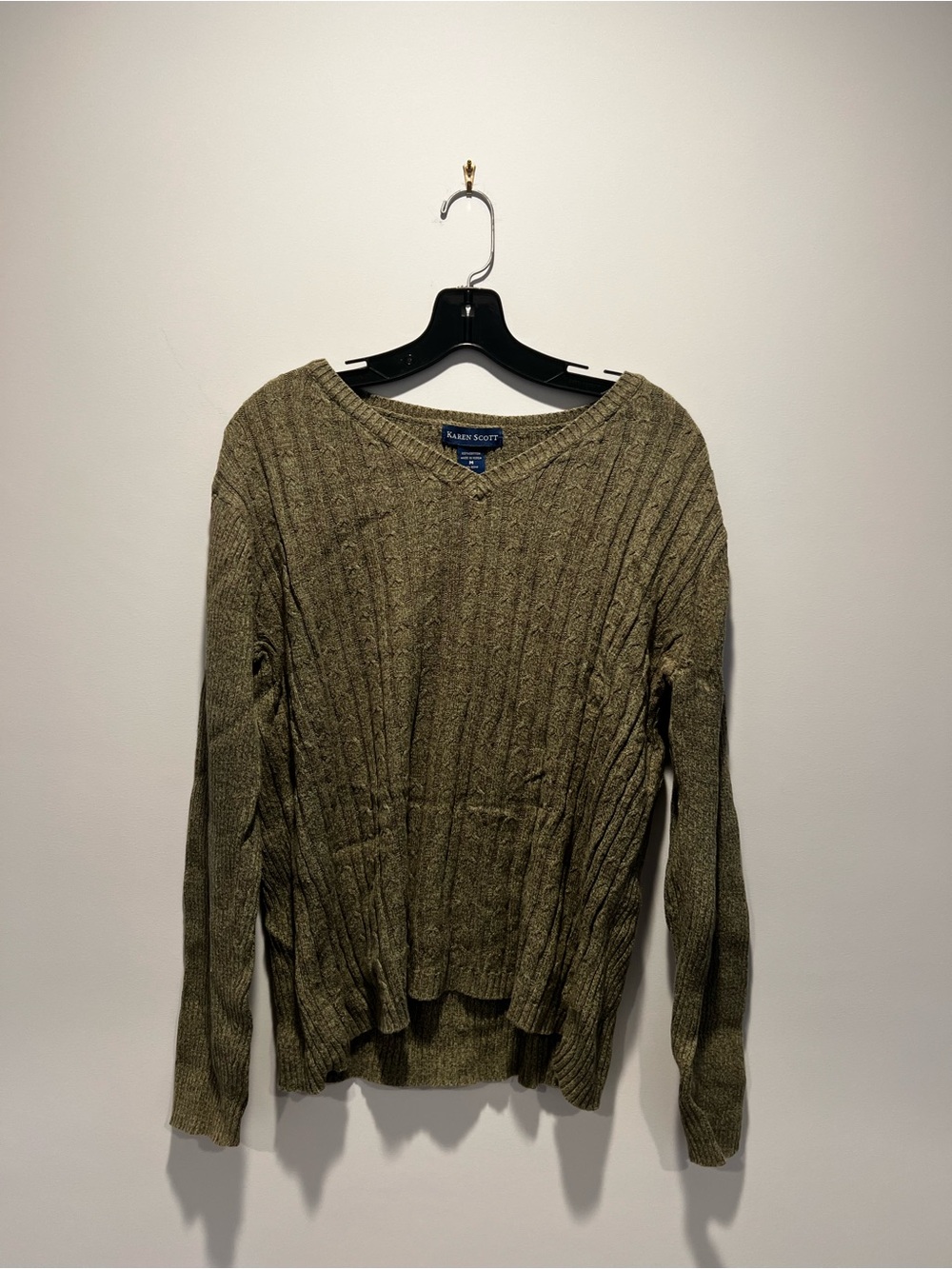 Karen Scott Olive Cable-Knit V-Neck Pullover Sweater